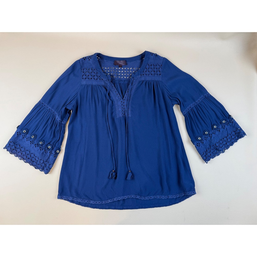 Hale Bob Boho Peasant Blouse Silk Crochet Lace Bell Sleeve Small